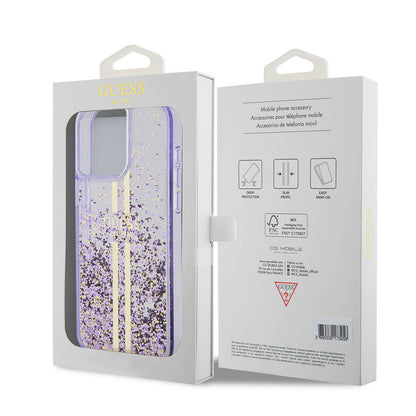 iPhone 15 Pro Max Kılıf Guess Orijinal Lisanslı Transparan Sıvılı Simli Altın Çizgili Kılıf