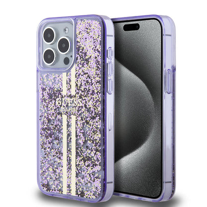 iPhone 15 Pro Max Kılıf Guess Orijinal Lisanslı Transparan Sıvılı Simli Altın Çizgili Kılıf