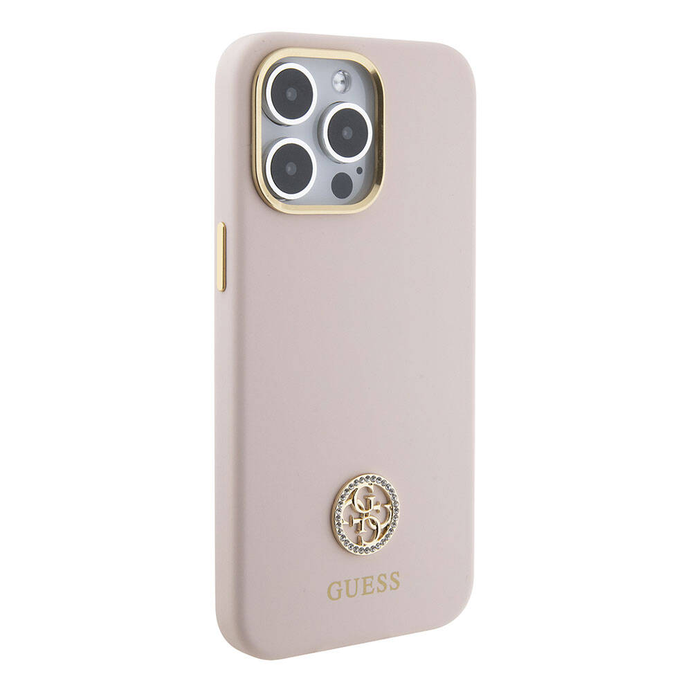 iPhone 15 Pro Max Kılıf Guess Orijinal Lisanslı Yazı ve Taşlı 4G Logolu Metal Kamera Çerçeveli Silikon Kılıf