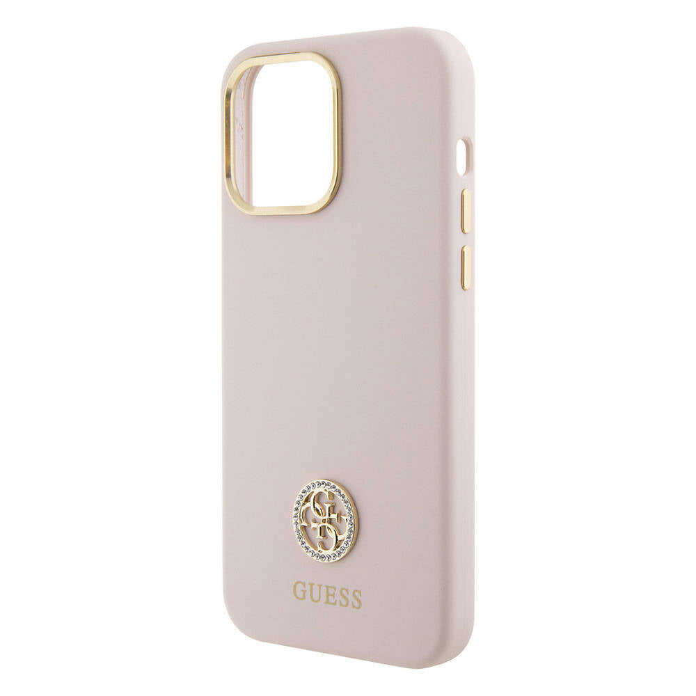 iPhone 15 Pro Max Kılıf Guess Orijinal Lisanslı Yazı ve Taşlı 4G Logolu Metal Kamera Çerçeveli Silikon Kılıf