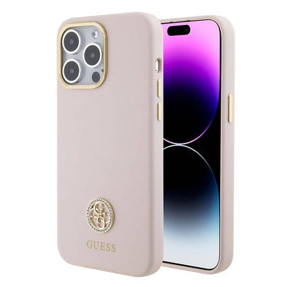 iPhone 15 Pro Max Kılıf Guess Orijinal Lisanslı Yazı ve Taşlı 4G Logolu Metal Kamera Çerçeveli Silikon Kılıf