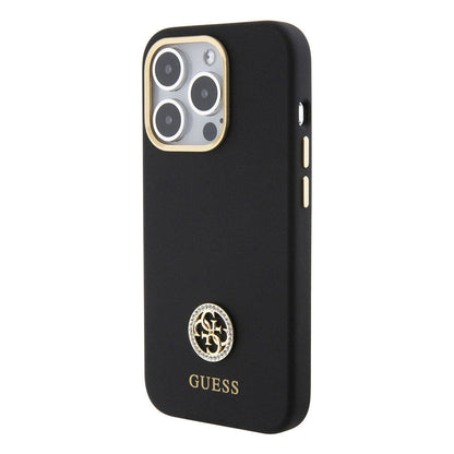 iPhone 15 Pro Max Kılıf Guess Orijinal Lisanslı Yazı ve Taşlı 4G Logolu Metal Kamera Çerçeveli Silikon Kılıf