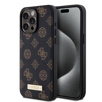 iPhone 15 Pro Max Kılıf Guess M-safe Şarj Özellikli PU Deri Desenli Metal Plaka Logolu Kılıf