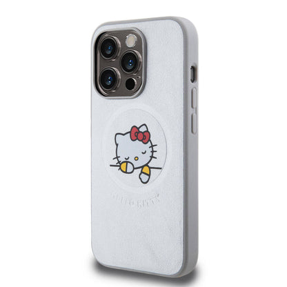 iPhone 15 Pro Max Kılıf Hello Kitty Orijinal Lisanslı M-safe Şarj Özellikli Baskı Logolu Uyuyan Kitty Deri Kılıf