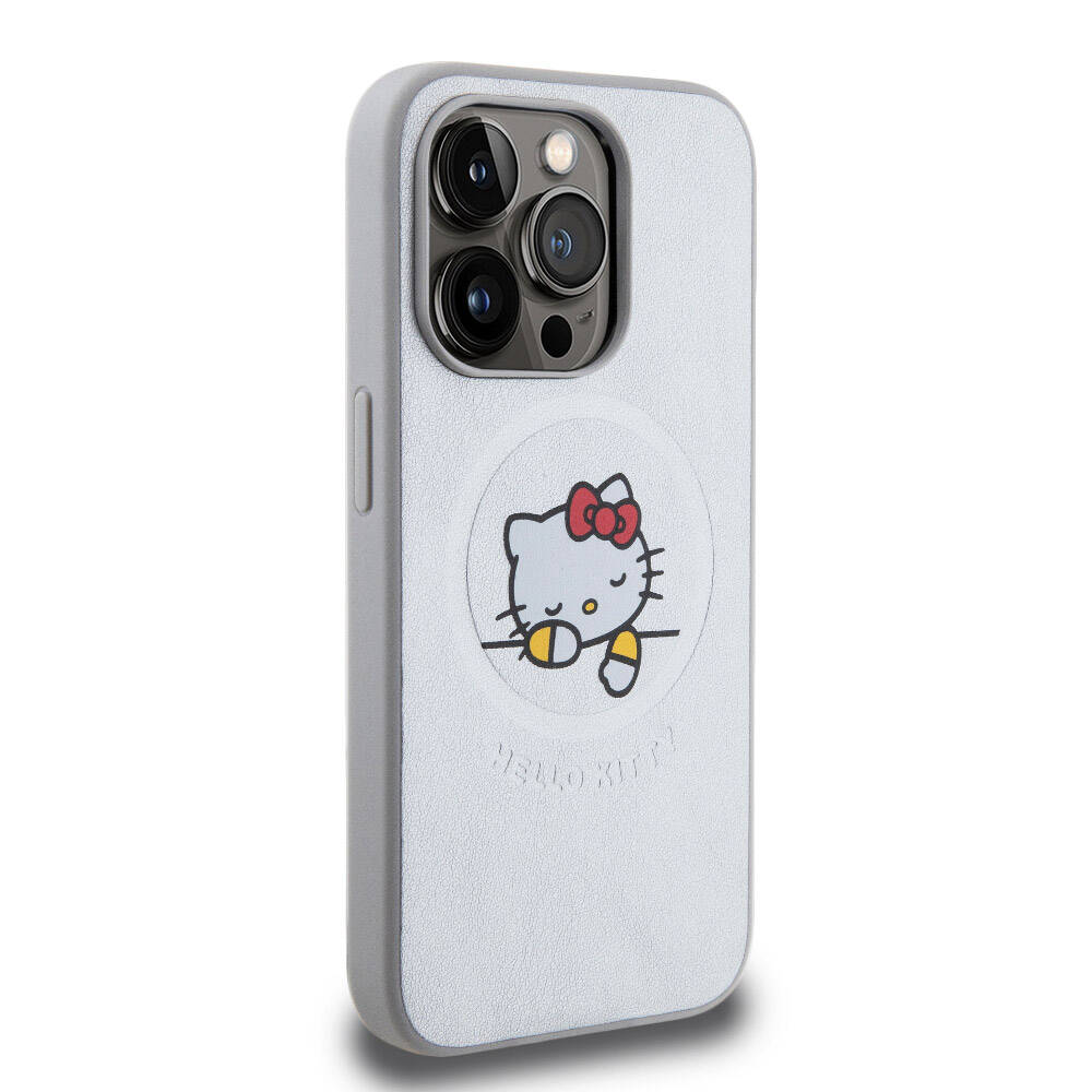iPhone 15 Pro Max Kılıf Hello Kitty Orijinal Lisanslı M-safe Şarj Özellikli Baskı Logolu Uyuyan Kitty Deri Kılıf