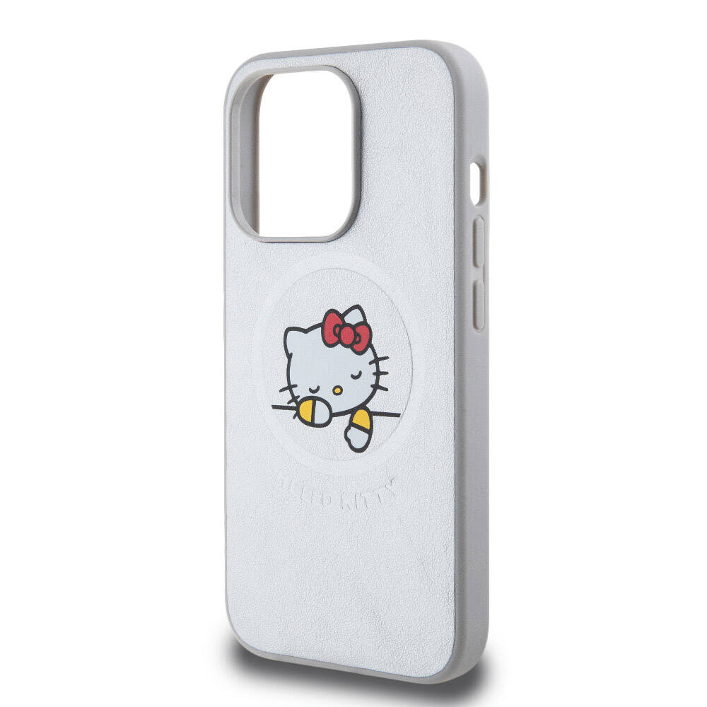 iPhone 15 Pro Max Kılıf Hello Kitty Orijinal Lisanslı M-safe Şarj Özellikli Baskı Logolu Uyuyan Kitty Deri Kılıf