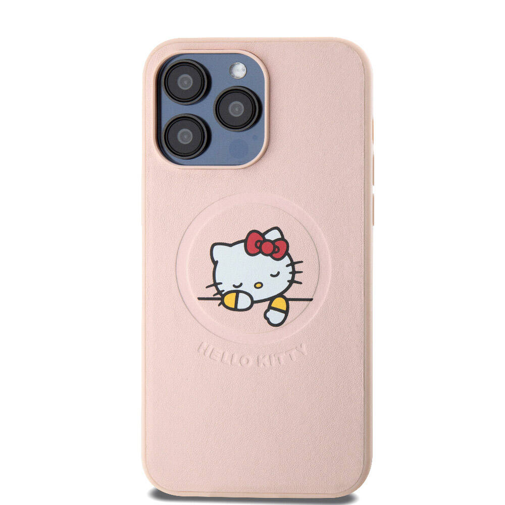 iPhone 15 Pro Max Kılıf Hello Kitty Orijinal Lisanslı M-safe Şarj Özellikli Baskı Logolu Uyuyan Kitty Deri Kılıf