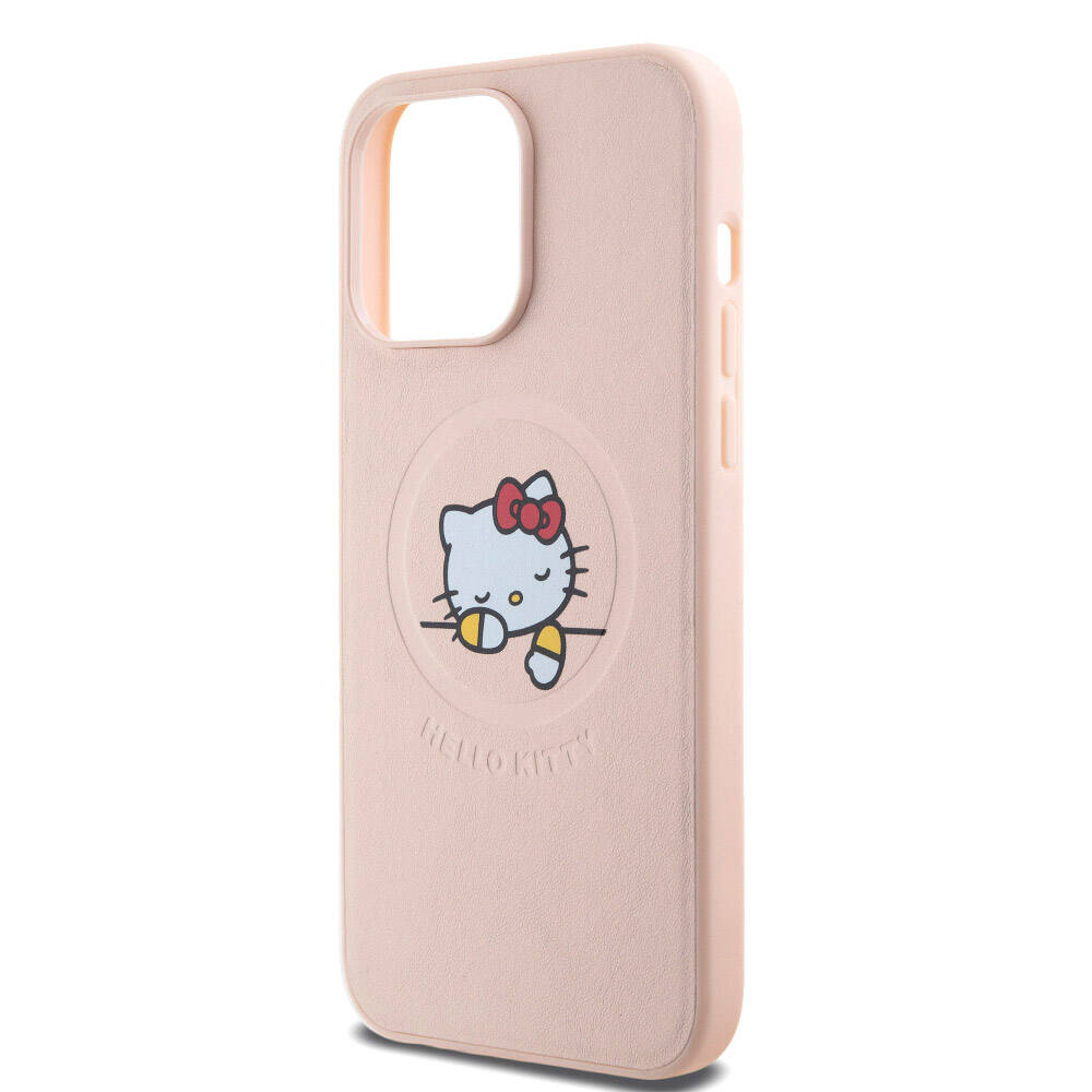 iPhone 15 Pro Max Kılıf Hello Kitty Orijinal Lisanslı M-safe Şarj Özellikli Baskı Logolu Uyuyan Kitty Deri Kılıf