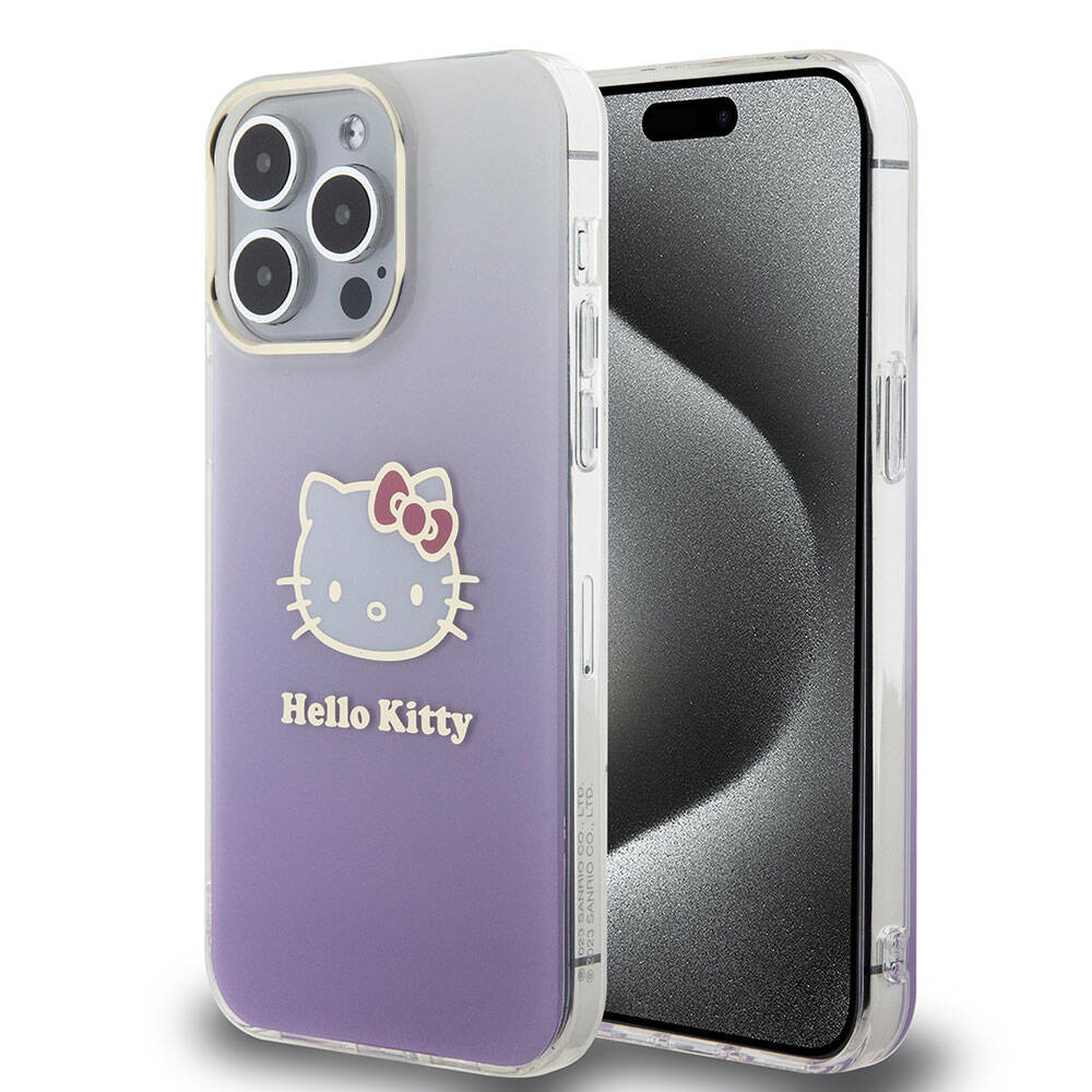 iPhone 15 Pro Max Kılıf Hello Kitty orijinal Lisanslı Yazı ve İkonik Logolu Elektroplating Kaplama Gradyan Kılıf