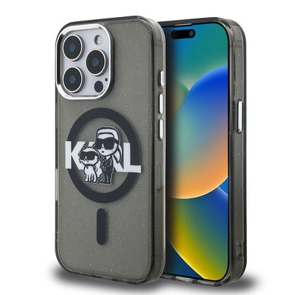 iPhone 15 Pro Max Kılıf Karl Lagerfeld Orijinal Lisanslı Parlayan Simli Karl & Choupette Sketch Logo Kılıf