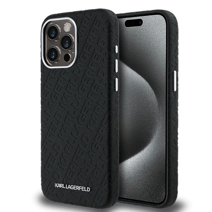 iPhone 15 Pro Max Kılıf Karl Lagerfeld Orijinal Lisanslı PU Deri Damgalı Metal Yazı Logolu Kılıf