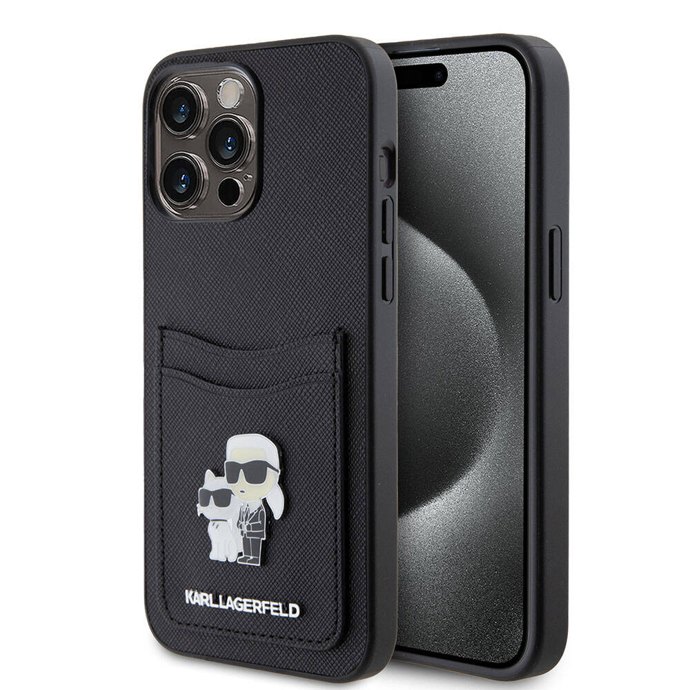 iPhone 15 Pro Max Kılıf Karl Lagerfeld Kartlıklı Metal Logo orijinal Lisanslı Kılıf