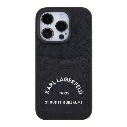 iPhone 15 Pro Max Kılıf Karl Lagerfeld Kartlıklı Saffiano 3D RSG Logo orijinal Lisanslı Kılıf