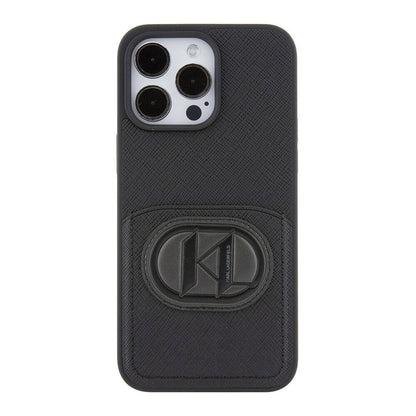 iPhone 15 Pro Max Kılıf Karl Lagerfeld Kartlıklı Saffiano K&L Patch Orijinal Lisanslı Kılıf