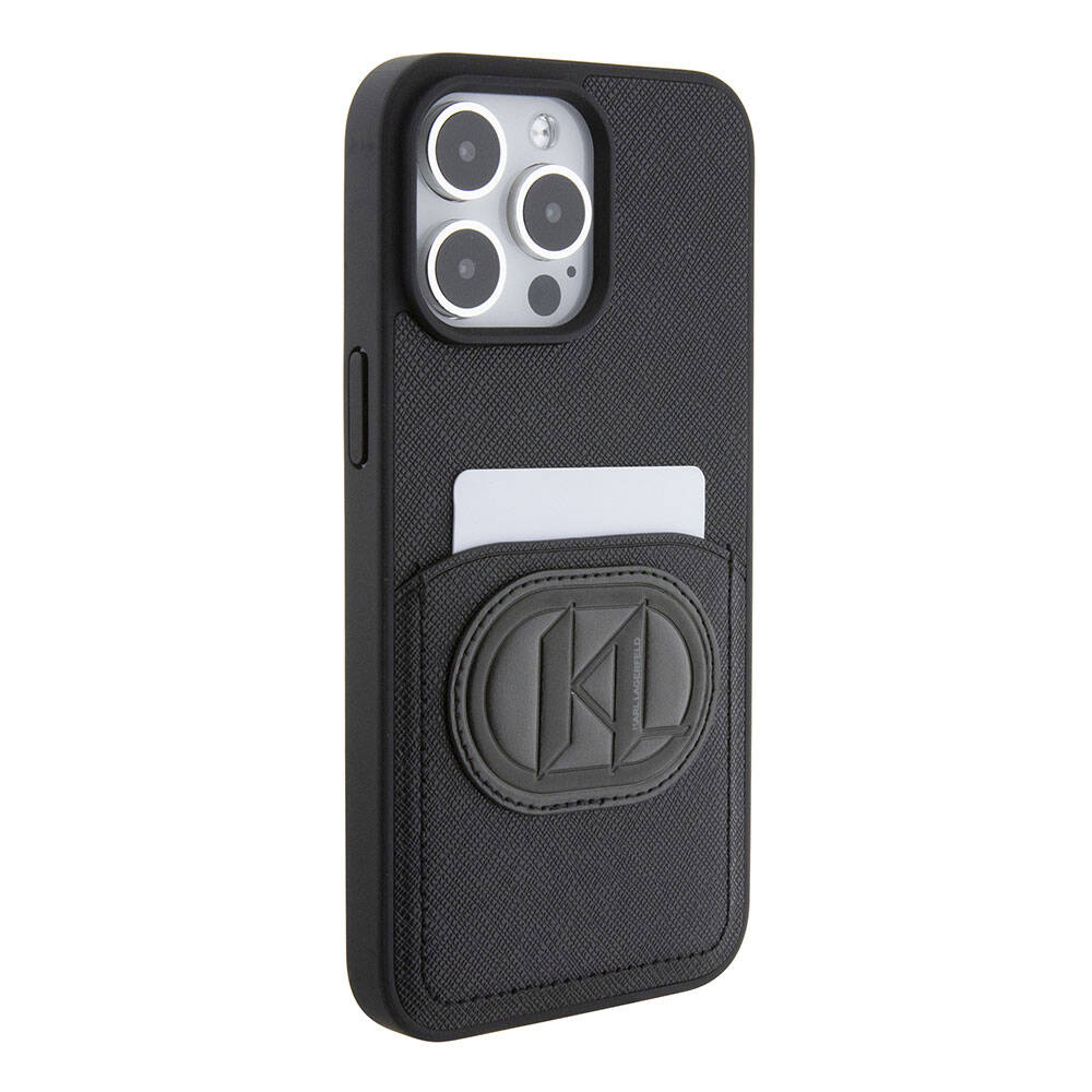 iPhone 15 Pro Max Kılıf Karl Lagerfeld Kartlıklı Saffiano K&L Patch Orijinal Lisanslı Kılıf