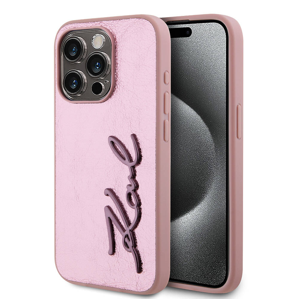 iPhone 15 Pro Max Kılıf Karl Lagerfeld orijinal Lisanslı 3D KL Yazılı Tüylü Arka Yüzey Saffiano Rhinestones Kılıf