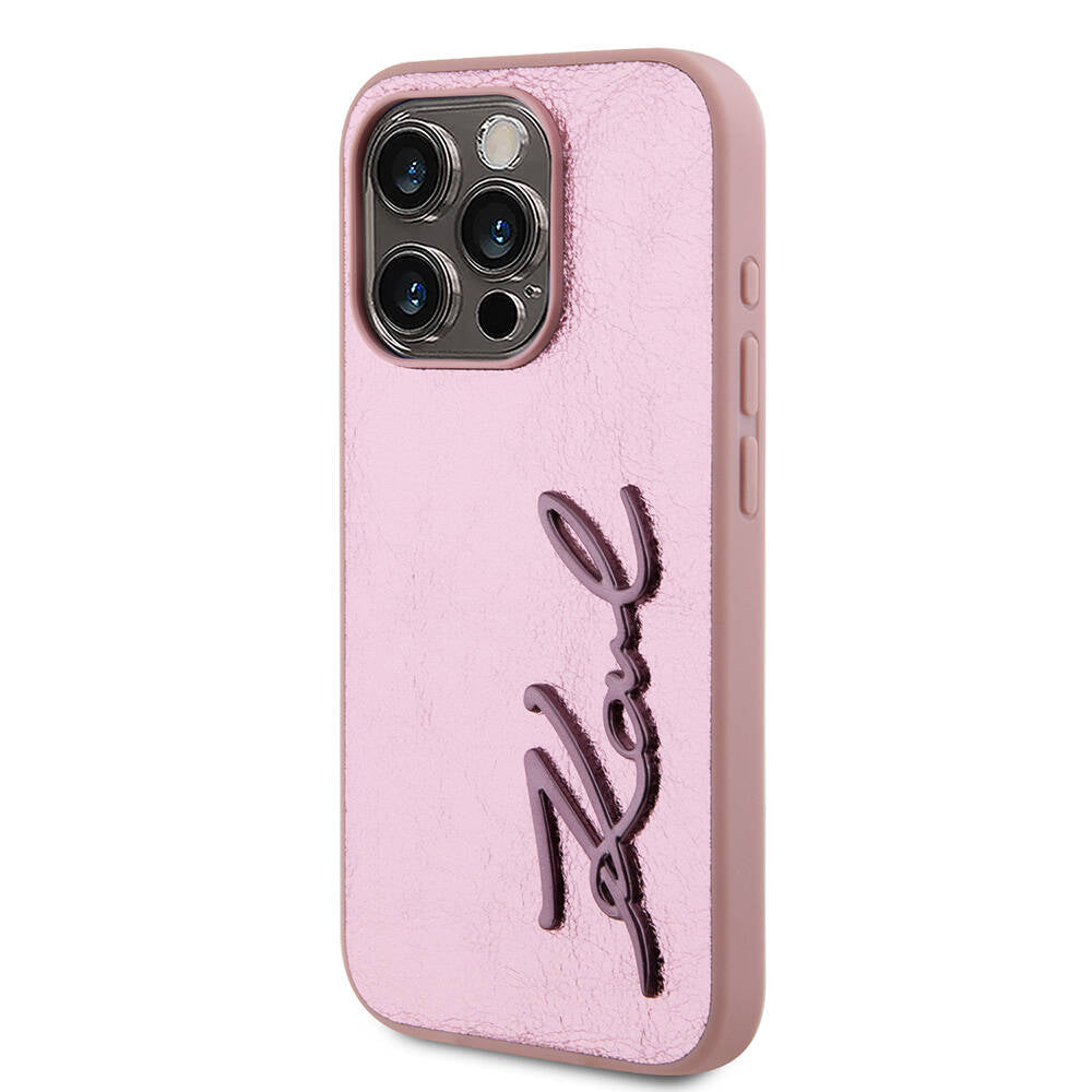 iPhone 15 Pro Max Kılıf Karl Lagerfeld orijinal Lisanslı 3D KL Yazılı Tüylü Arka Yüzey Saffiano Rhinestones Kılıf