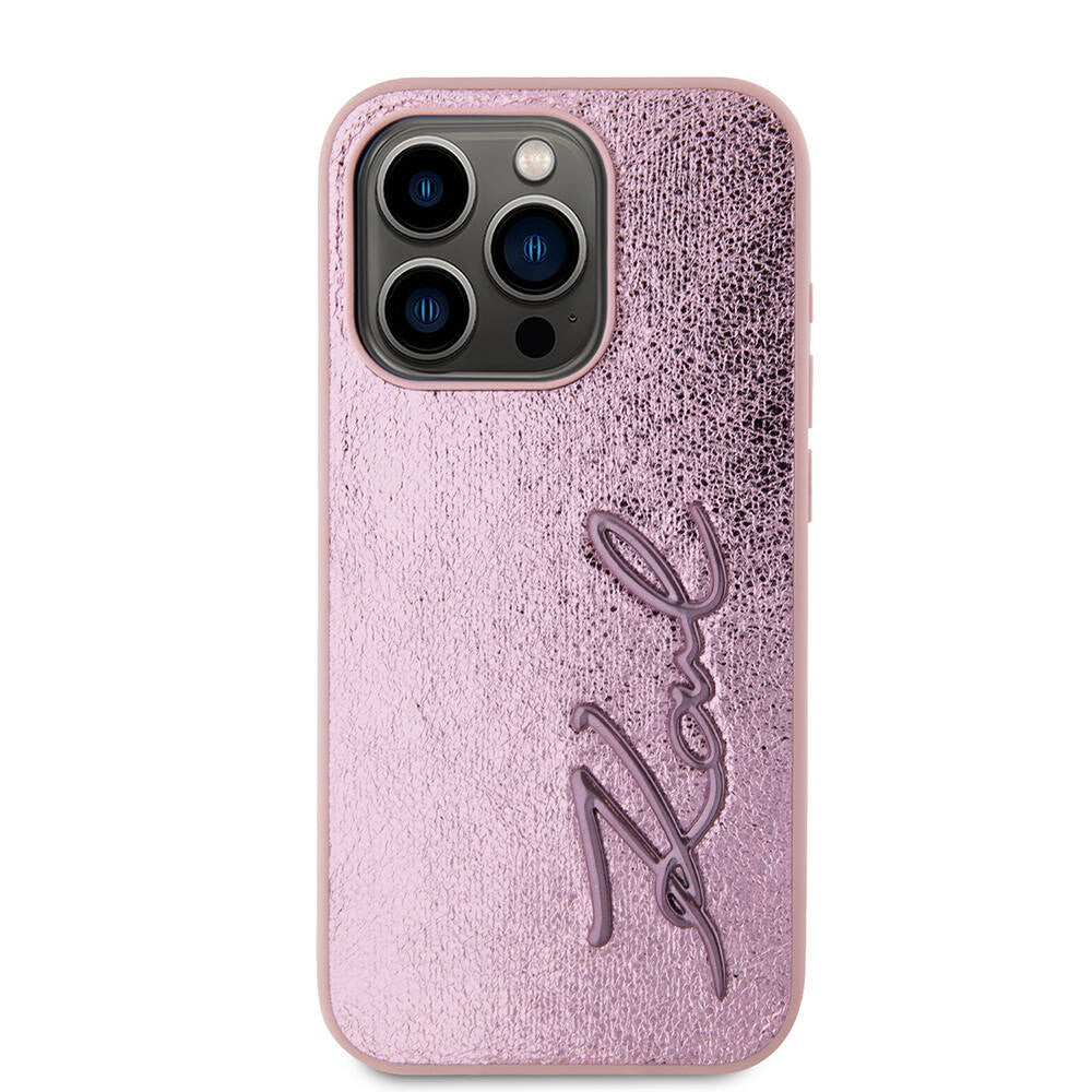 iPhone 15 Pro Max Kılıf Karl Lagerfeld orijinal Lisanslı 3D KL Yazılı Tüylü Arka Yüzey Saffiano Rhinestones Kılıf