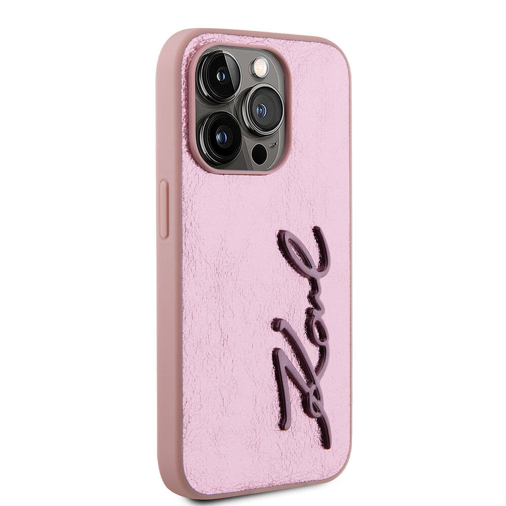 iPhone 15 Pro Max Kılıf Karl Lagerfeld orijinal Lisanslı 3D KL Yazılı Tüylü Arka Yüzey Saffiano Rhinestones Kılıf
