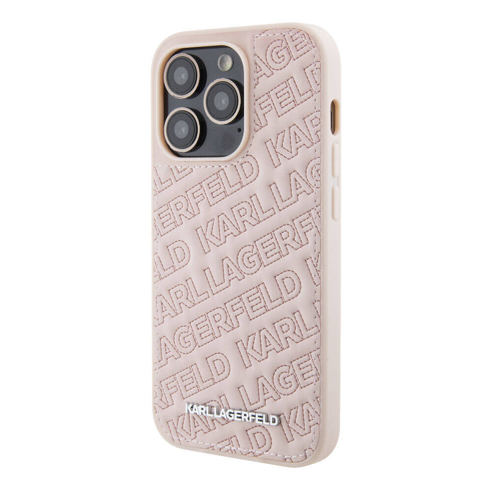 iPhone 15 Pro Max Kılıf Karl Lagerfeld orijinal Lisanslı Metal Yazı Logolu Dikişli Logo Arka Yüzey Kapitone Kılıf