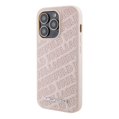 iPhone 15 Pro Max Kılıf Karl Lagerfeld orijinal Lisanslı Metal Yazı Logolu Dikişli Logo Arka Yüzey Kapitone Kılıf