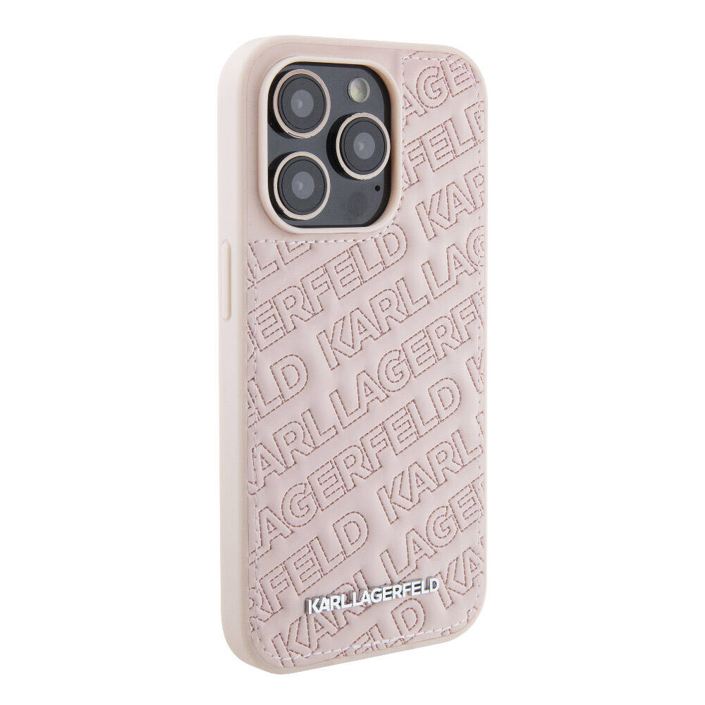 iPhone 15 Pro Max Kılıf Karl Lagerfeld orijinal Lisanslı Metal Yazı Logolu Dikişli Logo Arka Yüzey Kapitone Kılıf