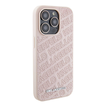 iPhone 15 Pro Max Kılıf Karl Lagerfeld orijinal Lisanslı Metal Yazı Logolu Dikişli Logo Arka Yüzey Kapitone Kılıf