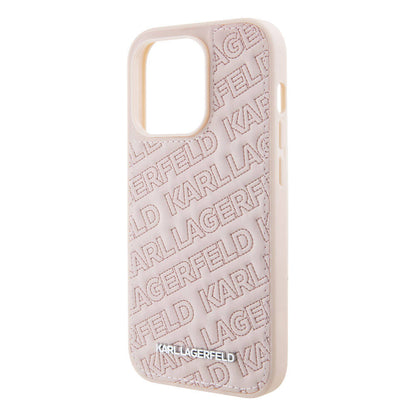 iPhone 15 Pro Max Kılıf Karl Lagerfeld orijinal Lisanslı Metal Yazı Logolu Dikişli Logo Arka Yüzey Kapitone Kılıf