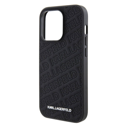 iPhone 15 Pro Max Kılıf Karl Lagerfeld orijinal Lisanslı Metal Yazı Logolu Dikişli Logo Arka Yüzey Kapitone Kılıf