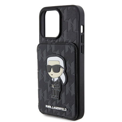 iPhone 15 Pro Max Kılıf Karl Lagerfeld Standlı Kartlıklı Saffiano Monogram İkonik Metal Logo Orijinal Lisanslı Kılıf