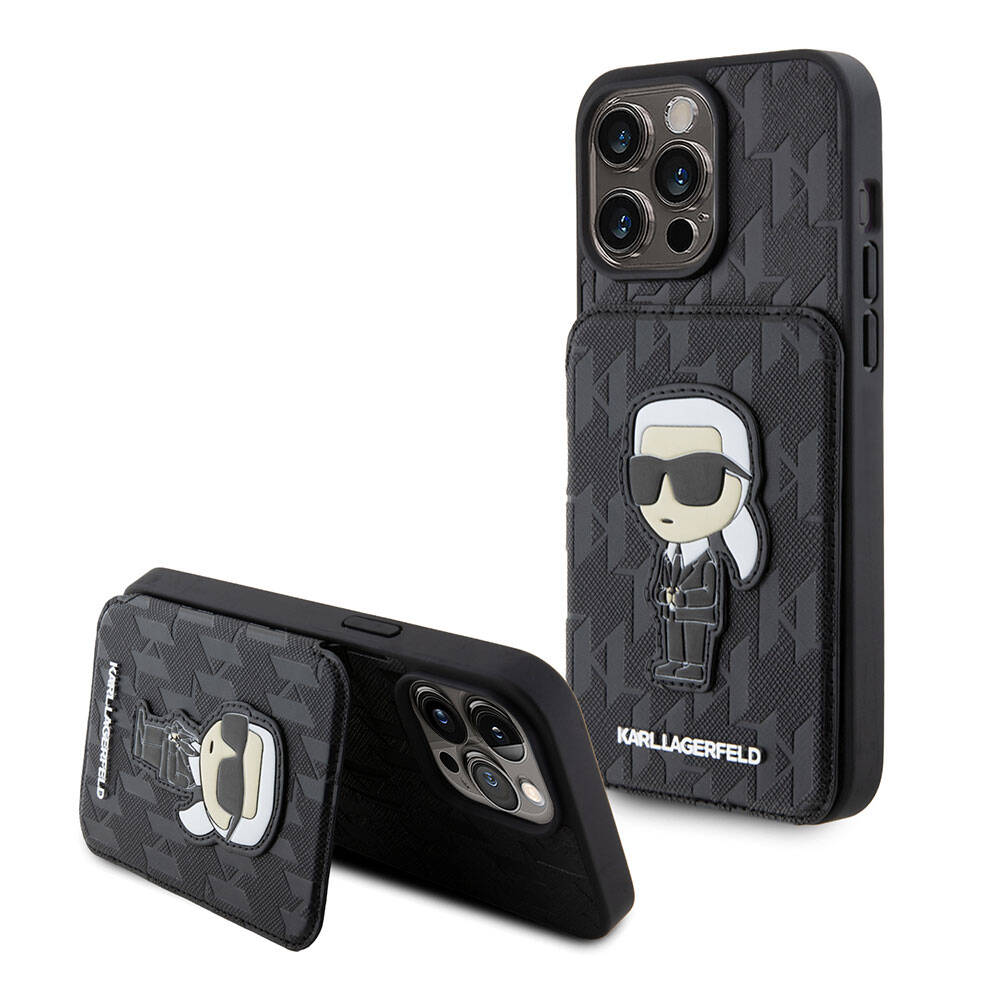 iPhone 15 Pro Max Kılıf Karl Lagerfeld Standlı Kartlıklı Saffiano Monogram İkonik Metal Logo orijinal Lisanslı Kılıf