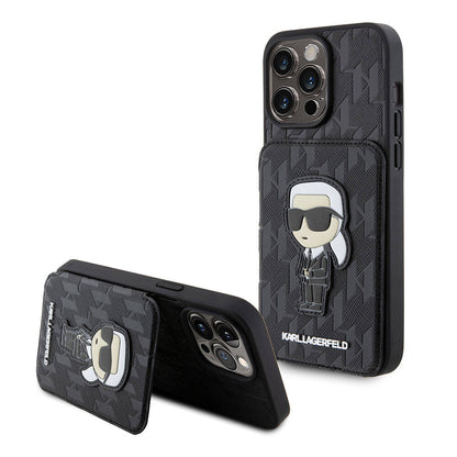iPhone 15 Pro Max Kılıf Karl Lagerfeld Standlı Kartlıklı Saffiano Monogram İkonik Metal Logo orijinal Lisanslı Kılıf