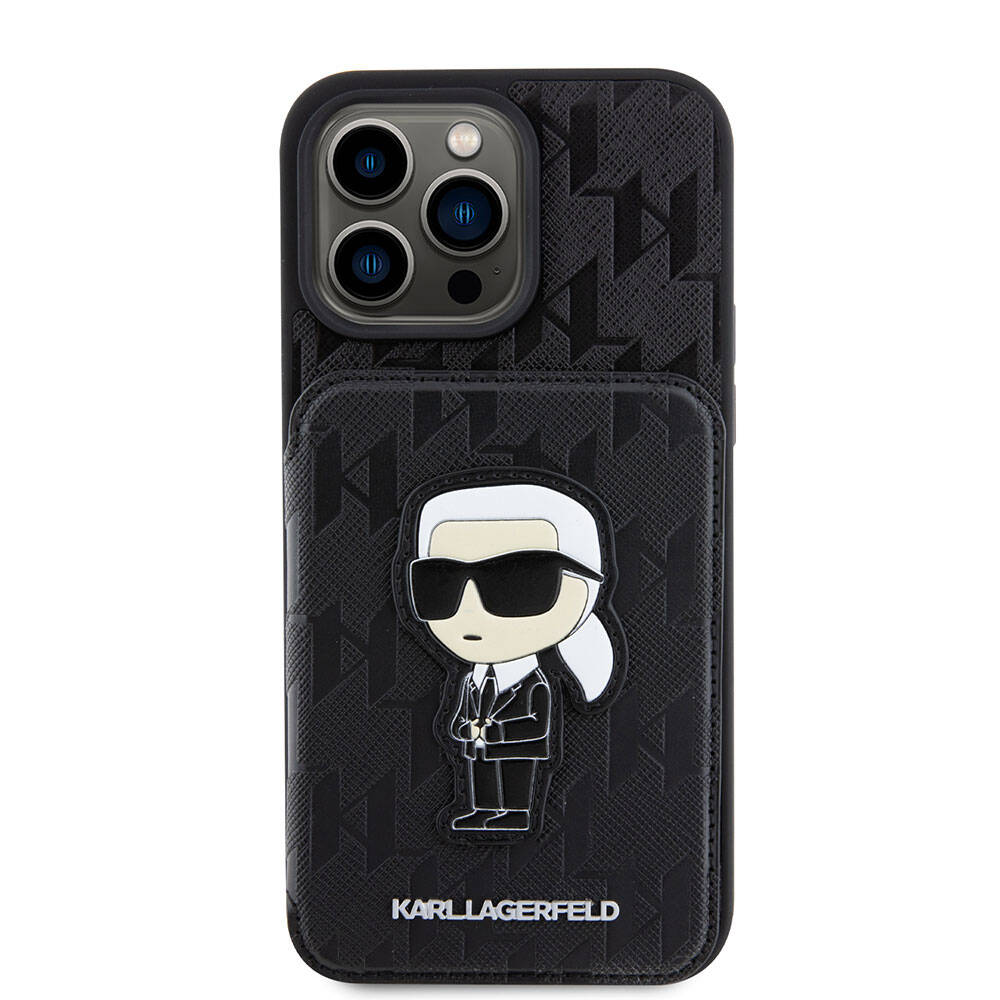 iPhone 15 Pro Max Kılıf Karl Lagerfeld Standlı Kartlıklı Saffiano Monogram İkonik Metal Logo orijinal Lisanslı Kılıf