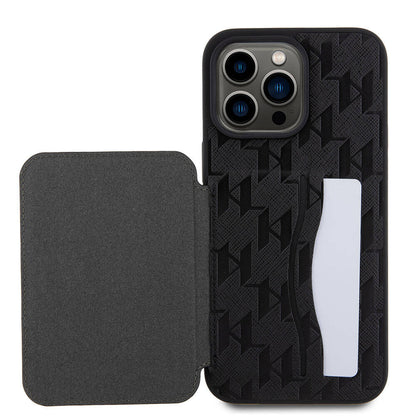 iPhone 15 Pro Max Kılıf Karl Lagerfeld Standlı Kartlıklı Saffiano Monogram İkonik Metal Logo orijinal Lisanslı Kılıf
