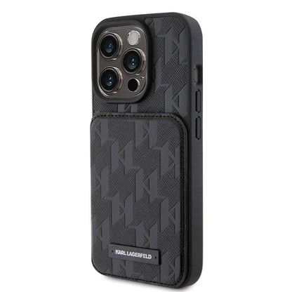 iPhone 15 Pro Max Kılıf Karl Lagerfeld Standlı Kartlıklı Saffiano Monogram Metal Logo orijinal Lisanslı Kılıf