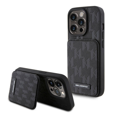 iPhone 15 Pro Max Kılıf Karl Lagerfeld Standlı Kartlıklı Saffiano Monogram Metal Logo orijinal Lisanslı Kılıf