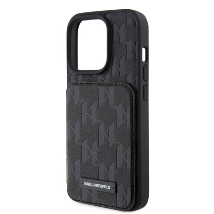iPhone 15 Pro Max Kılıf Karl Lagerfeld Standlı Kartlıklı Saffiano Monogram Metal Logo orijinal Lisanslı Kılıf