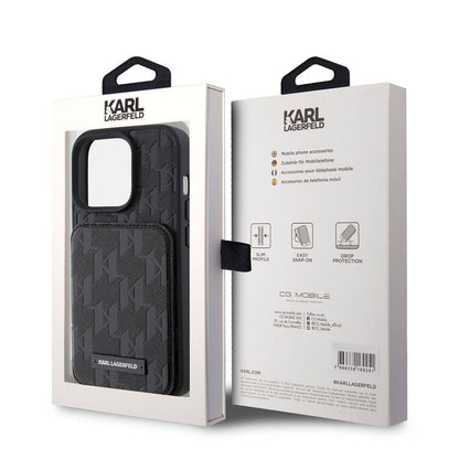 iPhone 15 Pro Max Kılıf Karl Lagerfeld Standlı Kartlıklı Saffiano Monogram Metal Logo orijinal Lisanslı Kılıf