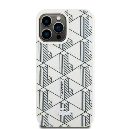 iPhone 15 Pro Max Kılıf Lacoste Orijinal Lisanslı M-safe Şarj Özellikli PU Deri Görünümlü Kartlıklı Karışık Monogram Desenli Kılıf
