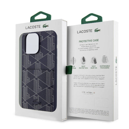 iPhone 15 Pro Max Kılıf Lacoste Orijinal Lisanslı M-safe Şarj Özellikli PU Deri Görünümlü Kartlıklı Karışık Monogram Desenli Kılıf
