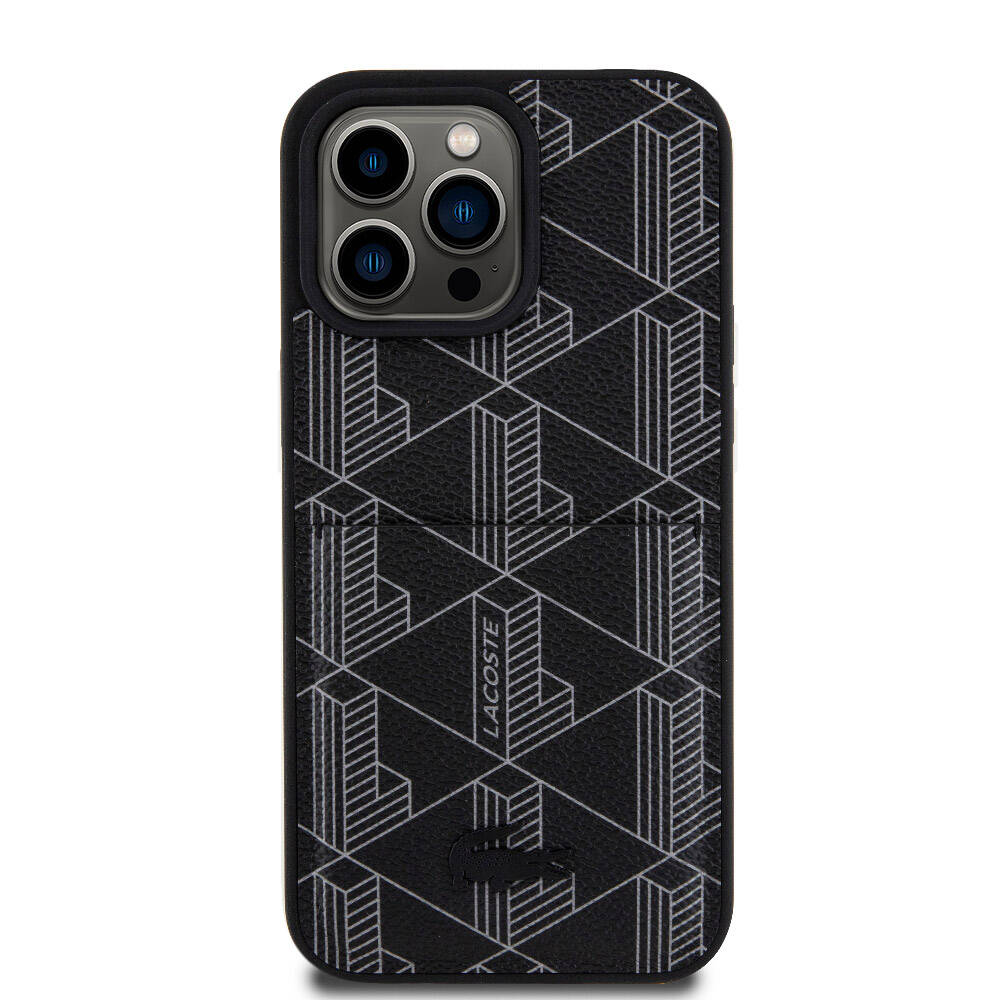 iPhone 15 Pro Max Kılıf Lacoste Orijinal Lisanslı M-safe Şarj Özellikli PU Deri Görünümlü Kartlıklı Karışık Monogram Desenli Kılıf
