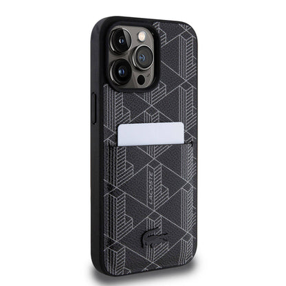 iPhone 15 Pro Max Kılıf Lacoste Orijinal Lisanslı M-safe Şarj Özellikli PU Deri Görünümlü Kartlıklı Karışık Monogram Desenli Kılıf
