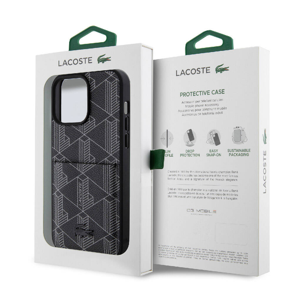 iPhone 15 Pro Max Kılıf Lacoste Orijinal Lisanslı M-safe Şarj Özellikli PU Deri Görünümlü Kartlıklı Karışık Monogram Desenli Kılıf