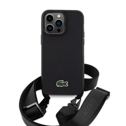 iPhone 15 Pro Max Kılıf Lacoste Orijinal Lisanslı PU Pike Desenli Arka Yüzey Askılı İkonik Timsah Dokuma Logolu Kılıf