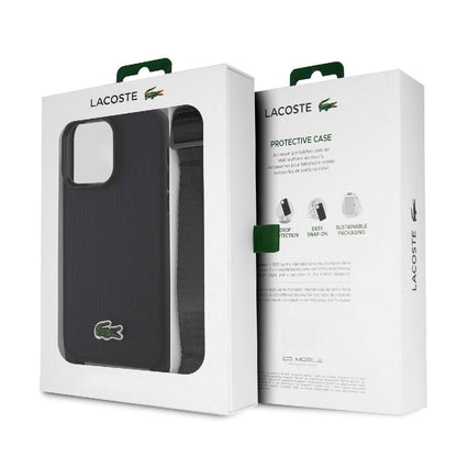iPhone 15 Pro Max Kılıf Lacoste Orijinal Lisanslı PU Pike Desenli Arka Yüzey Askılı İkonik Timsah Dokuma Logolu Kılıf
