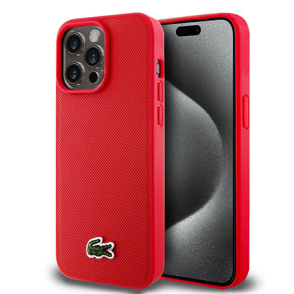iPhone 15 Pro Max Kılıf Lacoste Orijinal Lisanslı PU Pike Desenli Arka Yüzey İkonik Timsah Dokuma Logolu Kılıf