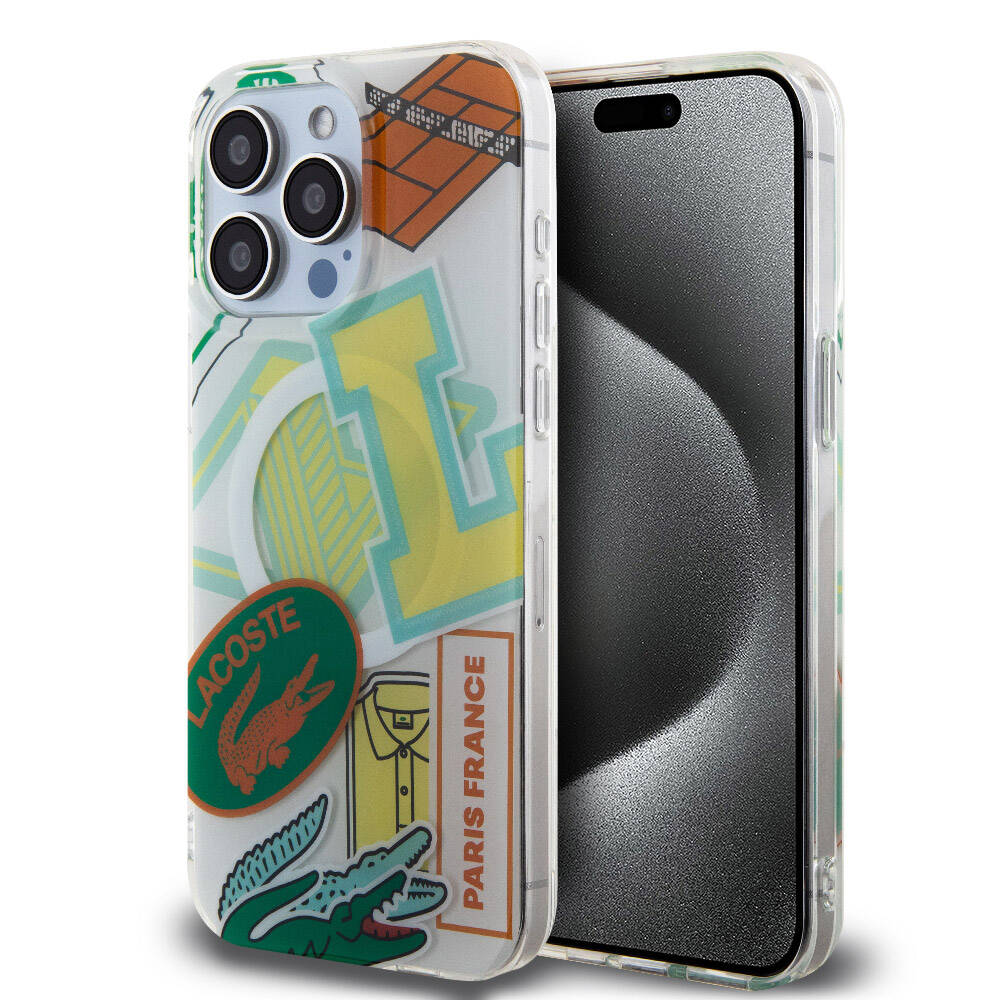 iPhone 15 Pro Max Kılıf Lacoste orijinal Lisanslı M-safe Şarj Özellikli Çift Katmanlı Yamalar Desenli Kılıf