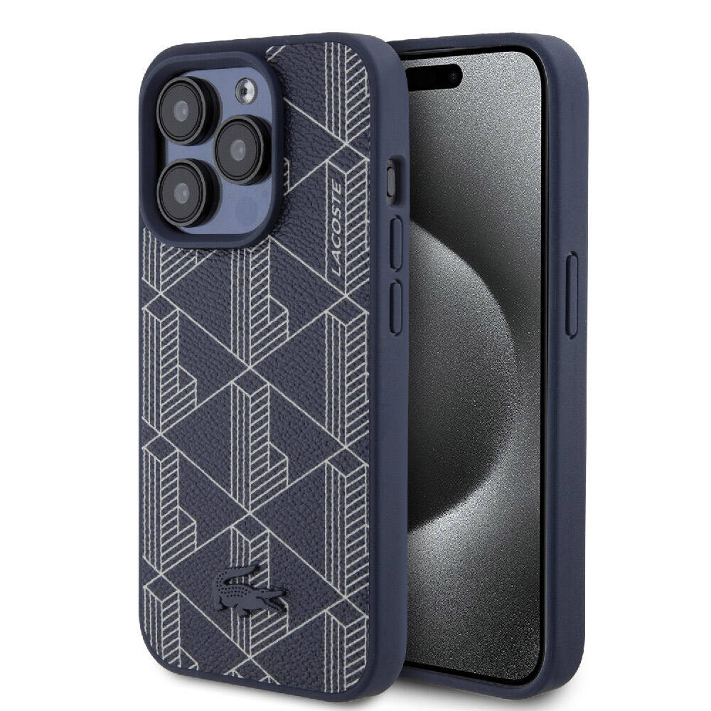 iPhone 15 Pro Max Kılıf Lacoste orijinal Lisanslı M-safe Şarj Özellikli PU Deri Görünümlü Karışık Monogram Desenli Kılıf