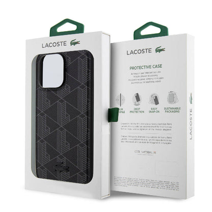 iPhone 15 Pro Max Kılıf Lacoste orijinal Lisanslı M-safe Şarj Özellikli PU Deri Görünümlü Karışık Monogram Desenli Kılıf