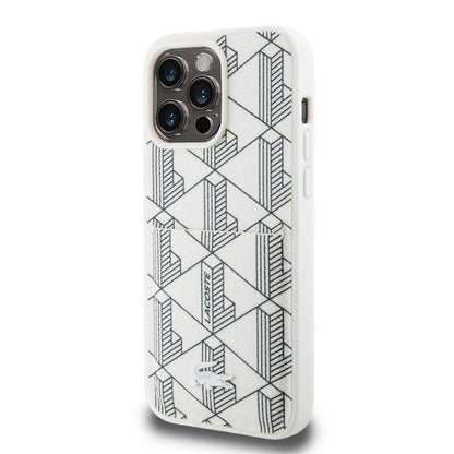 iPhone 15 Pro Max Kılıf Lacoste orijinal Lisanslı M-safe Şarj Özellikli PU Deri Görünümlü Kartlıklı Karışık Monogram Desenli Kılıf